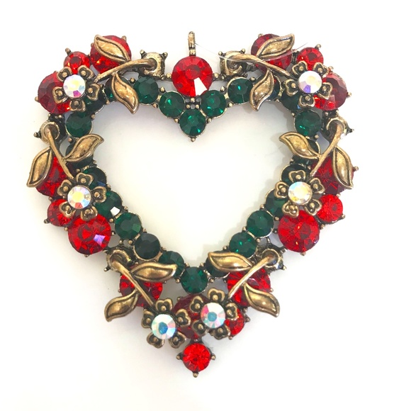 Heart Ornament Jeweled Rhinestone Iridescent NWT Red Green and Gold - Picture 1 of 9